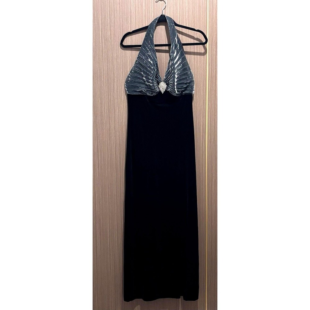Vintage Maxi Dress Black Velvet 1990s 90s Metallic Gown Homecoming HOCO Large